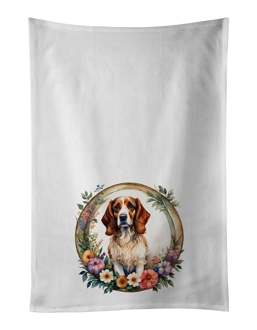 Brittany Spaniel and Flowers Kitchen Towel Set of 2 White Dish Towels Decorative Bathroom Hand towel for Hand, Face, Hair, Yoga, Tea, Dishcloth, 19 X 28", White