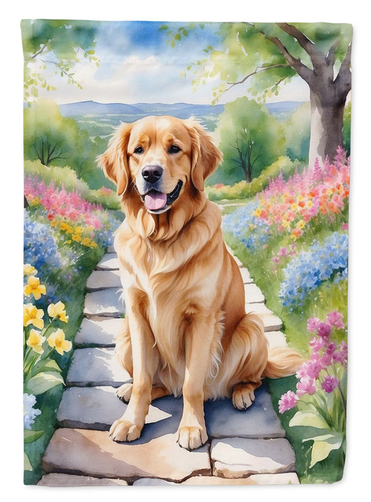 Golden Retriever Spring Path House Flag Large Porch Sleeve Pole Decorative Outside Yard Banner Artwork Wall Hanging, Polyester, House Size, Multicolor