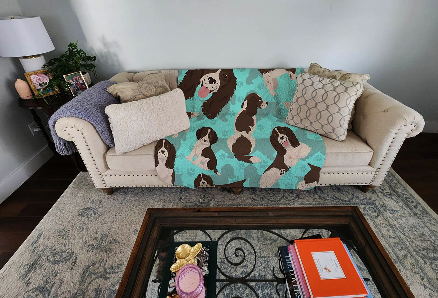 Liver English Springer Spaniel Quilted Blanket 50x60 Artwork Pattern Quilted Throw Blanket for Bed, Couch, Sofa, Soft and Lightweight