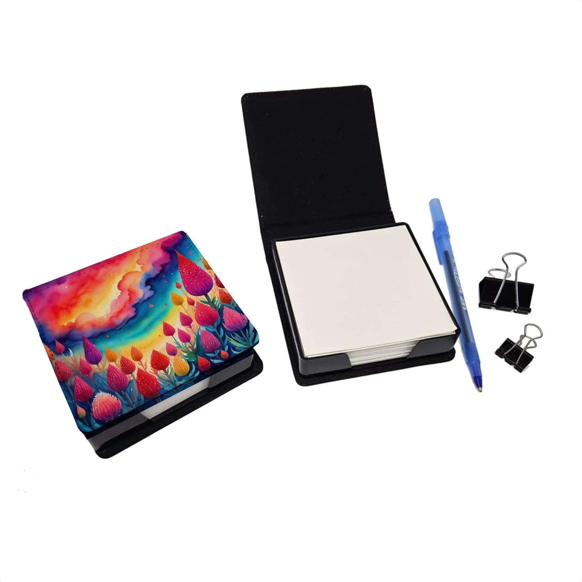 Colorful Celosia PU Leather Note Paper Holder with Artist-Designed Cover, Desk Accessory, Office Gift
