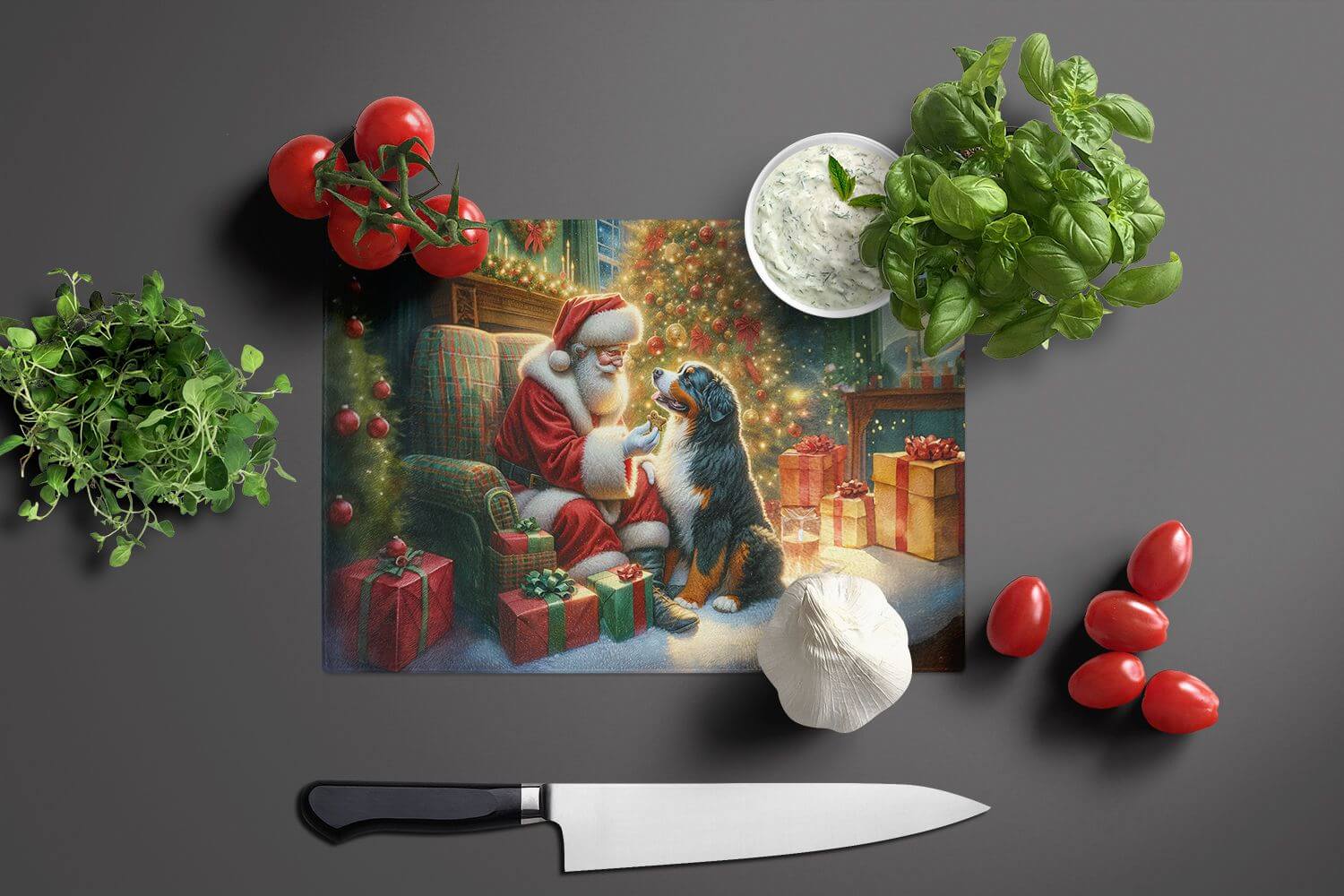 NEW Bernese Mountain Dog and Santa Claus Glass Cutting Board Decorative Tempered Glass Kitchen Cutting and Serving Board Large Size Chopping Board