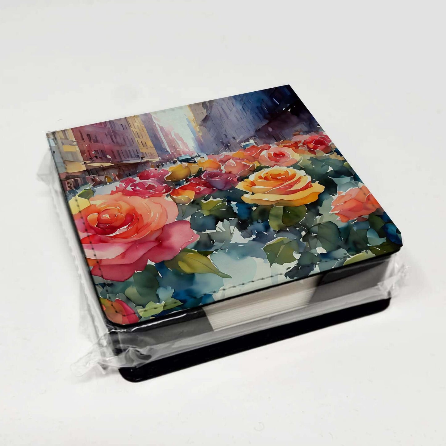 New York Roses in Watercolor PU Leather Note Paper Holder with Artist-Designed Cover, Desk Accessory, Office Gift