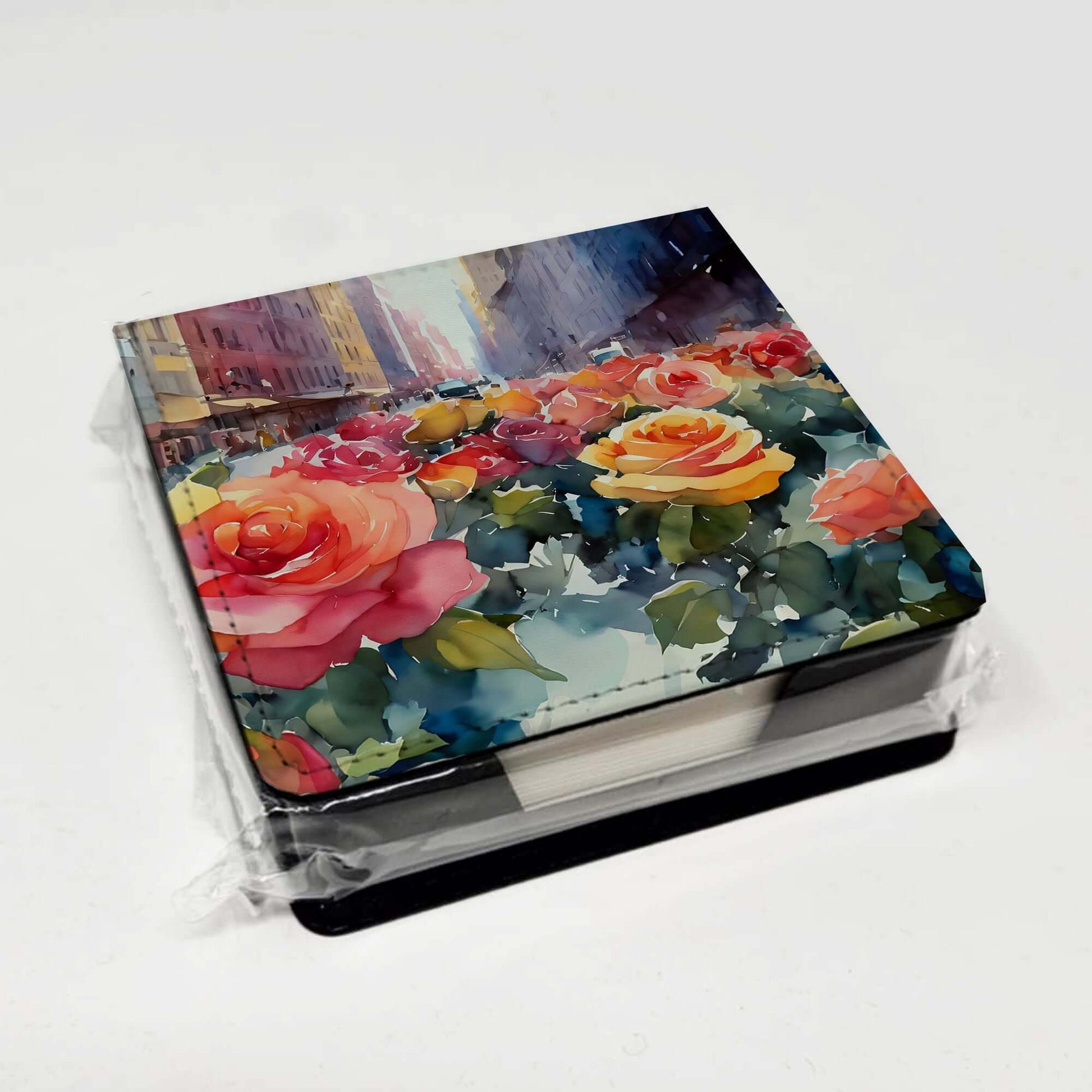 New York Roses in Watercolor PU Leather Note Paper Holder with Artist-Designed Cover, Desk Accessory, Office Gift