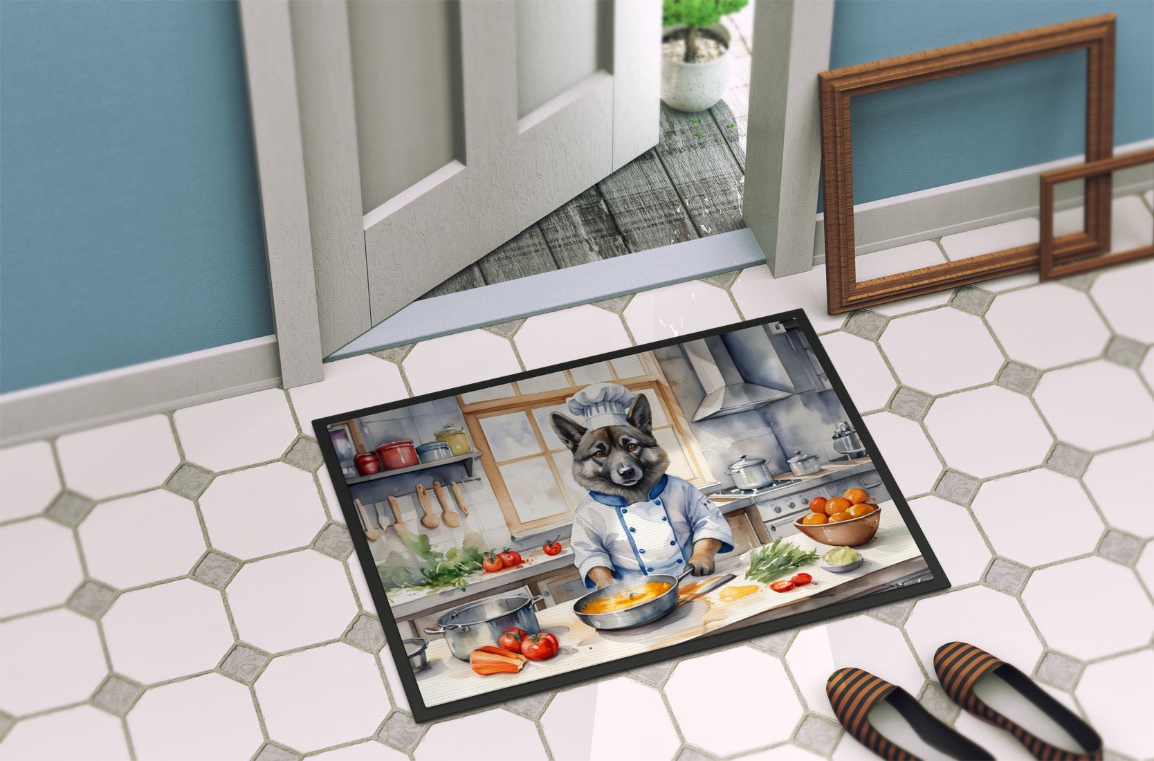 Norwegian Elkhound The Chef Doormat Front Door Mat Indoor Outdoor Rugs for Entryway, Non Slip Washable Low Pile, 24H X 36W