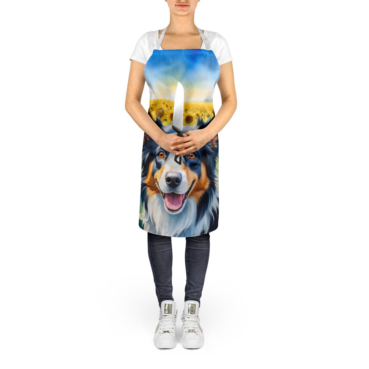 Border Collie in Sunflowers Apron Cooking Kitchen Server Baking Crafts Gardening for Adult Women Men, Unisex, Large, Multicolor