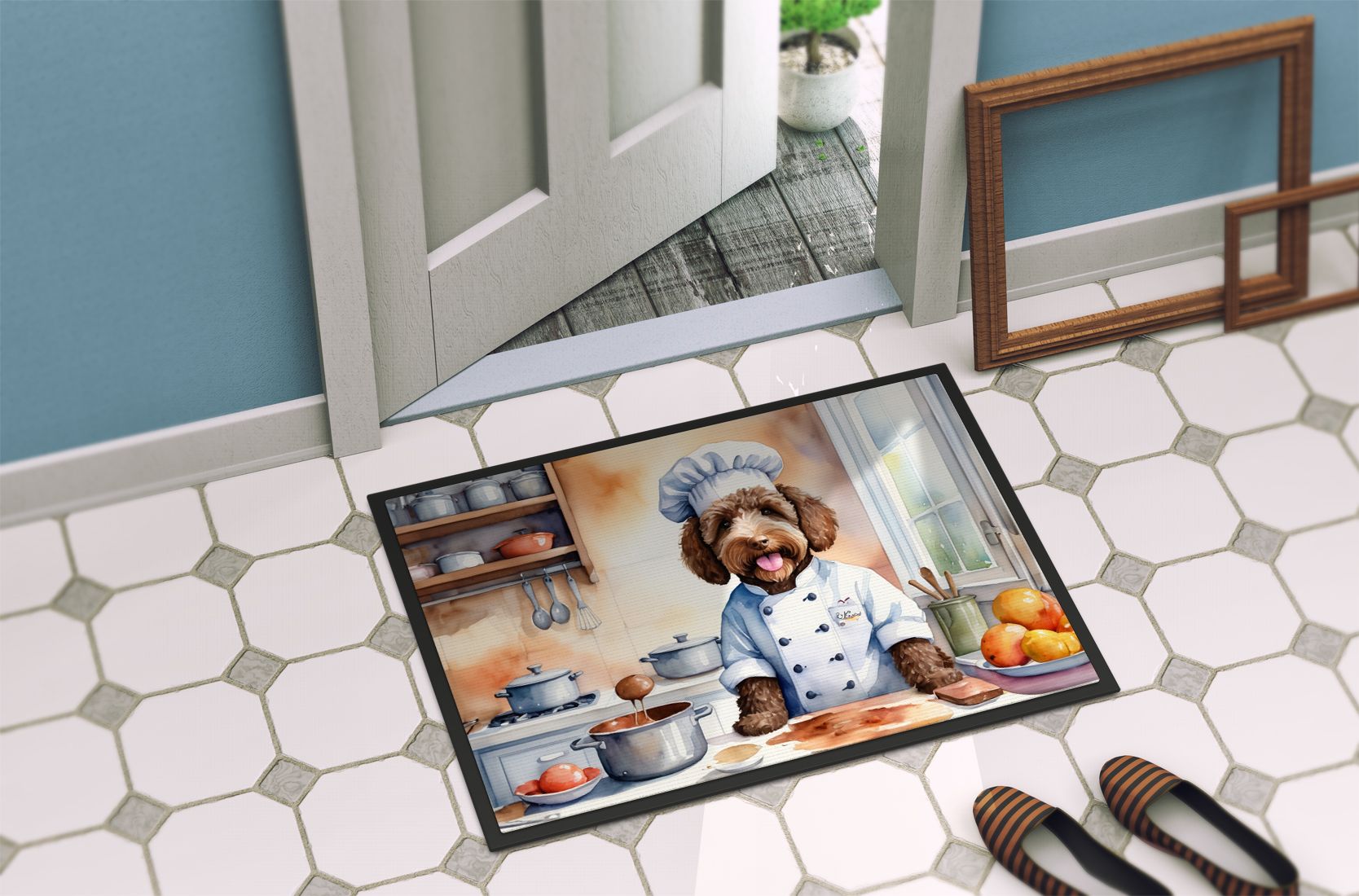 NEW Labradoodle The Chef Doormat Front Door Mat Indoor Outdoor Rugs for Entryway, Non Slip Washable Low Pile, 18H X 27W