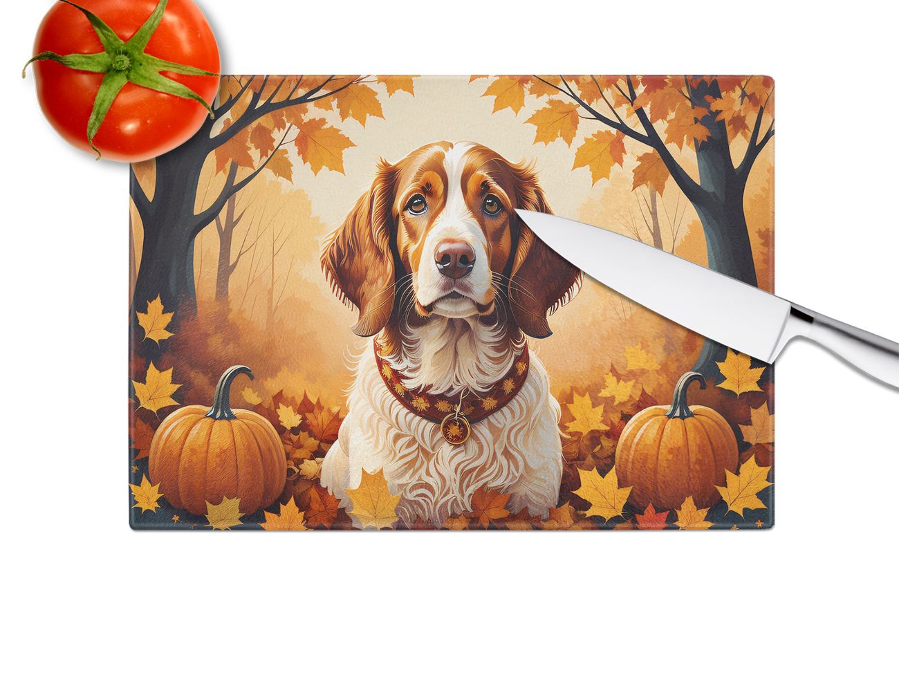 NEW Brittany Spaniel Fall Glass Cutting Board Decorative Tempered Glass Kitchen Cutting and Serving Board Large Size Chopping Board