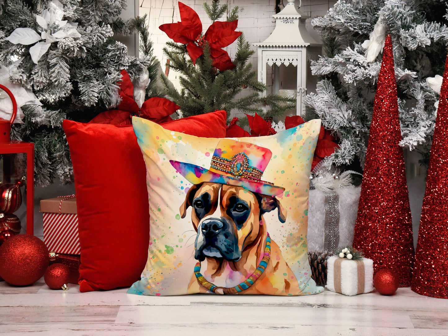Boxer Hippie Dawg Throw Pillow Machine Washable, Indoor Outdoor Decorative Pillow for Couch, Bed or Patio, 14Hx14W