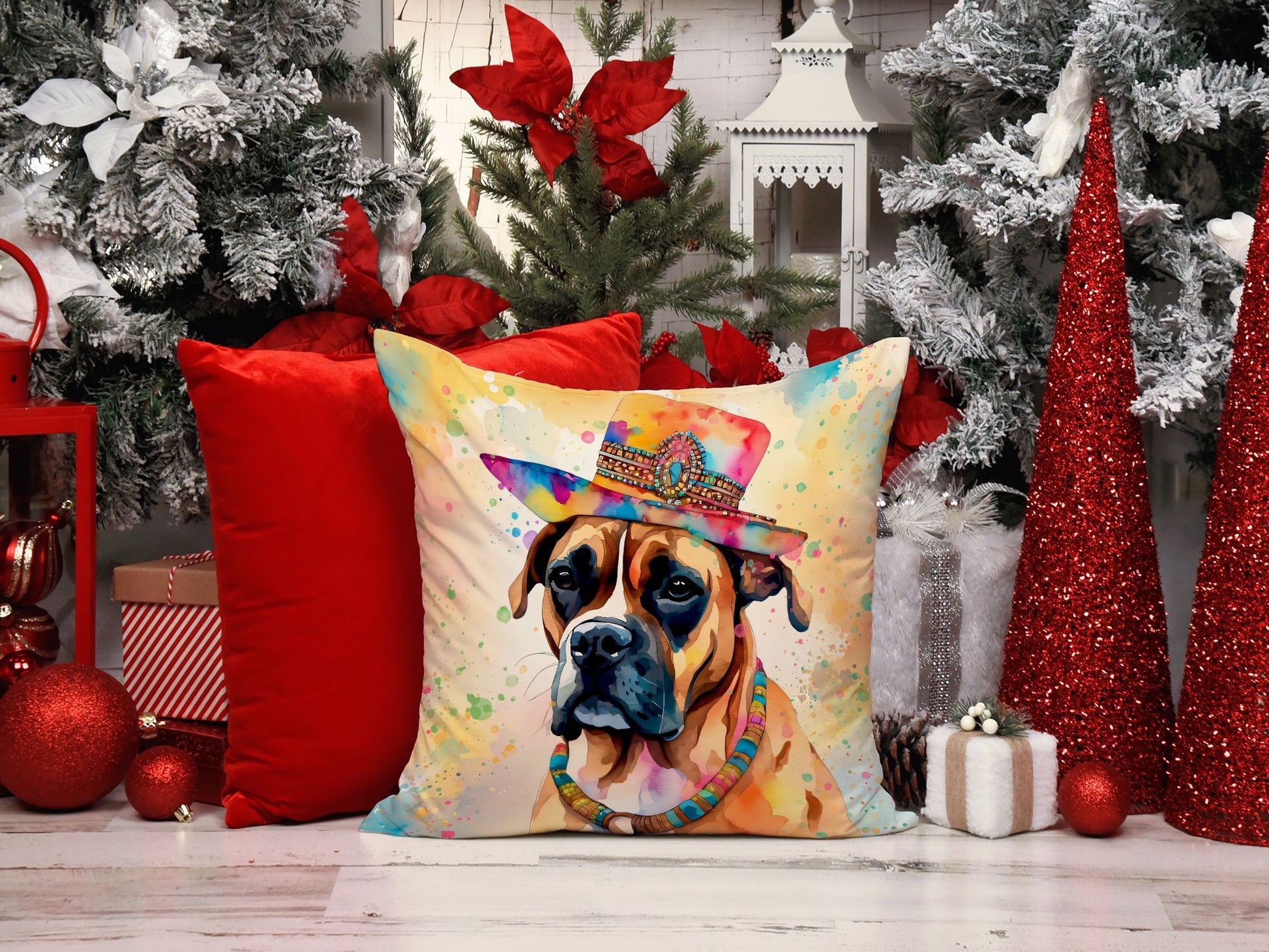 Boxer Hippie Dawg Throw Pillow Machine Washable, Indoor Outdoor Decorative Pillow for Couch, Bed or Patio, 14Hx14W