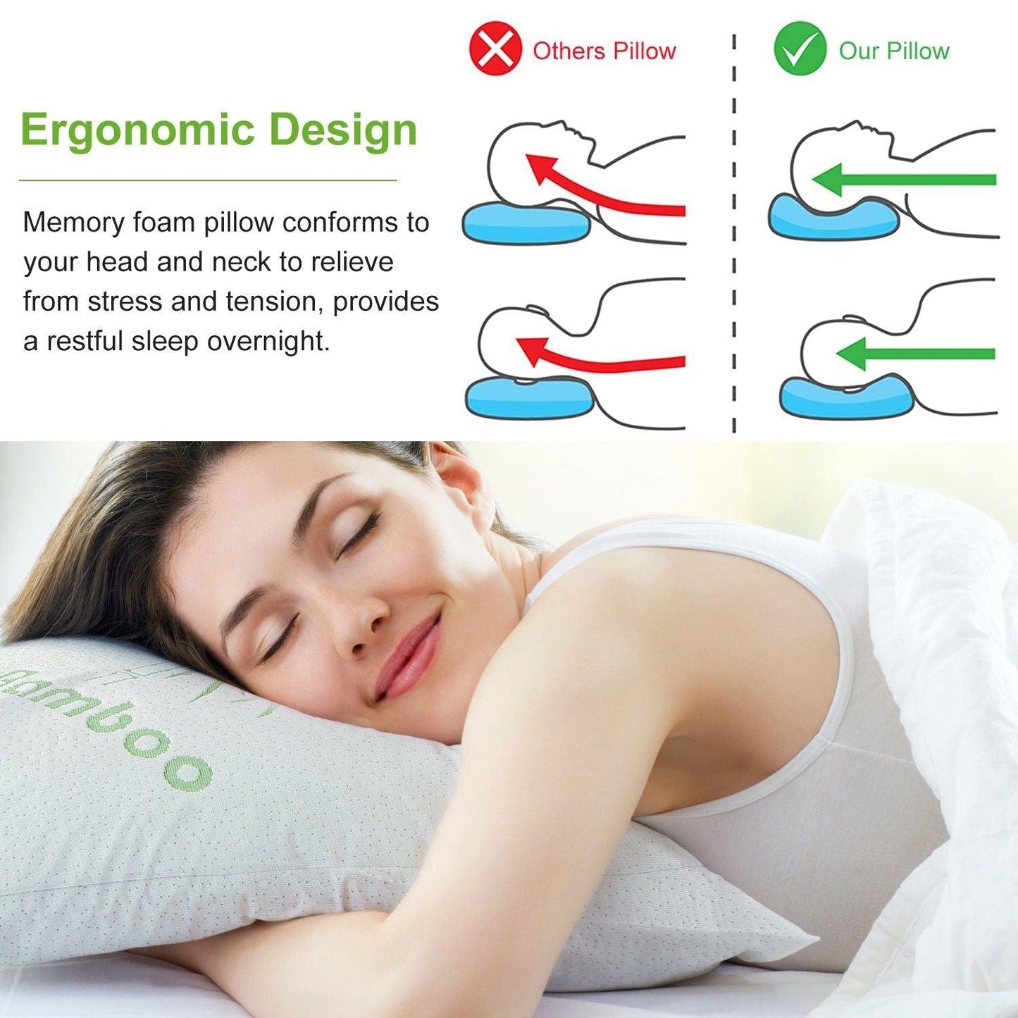Bamboo Memory Foam Pillow Hypoallergenic Bed Pillow With Washable Cover [King Size] - Clothes For Her Online Store