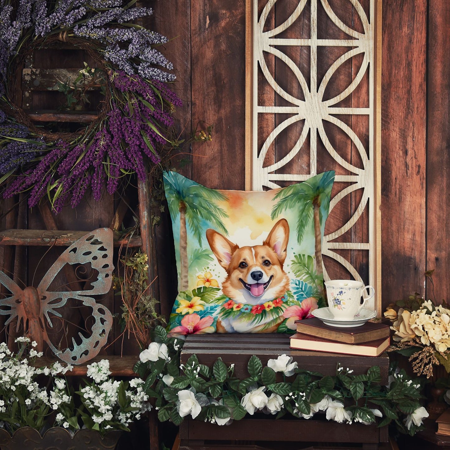 Corgi Luau Throw Pillow Machine Washable, Indoor Outdoor Decorative Pillow for Couch, Bed or Patio, 14Hx14W
