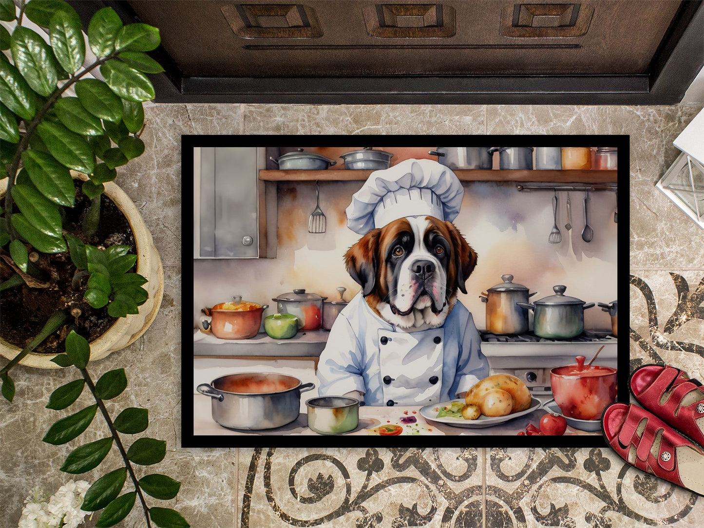 NEW Saint Bernard The Chef Doormat Front Door Mat Indoor Outdoor Rugs for Entryway, Non Slip Washable Low Pile, 18H X 27W