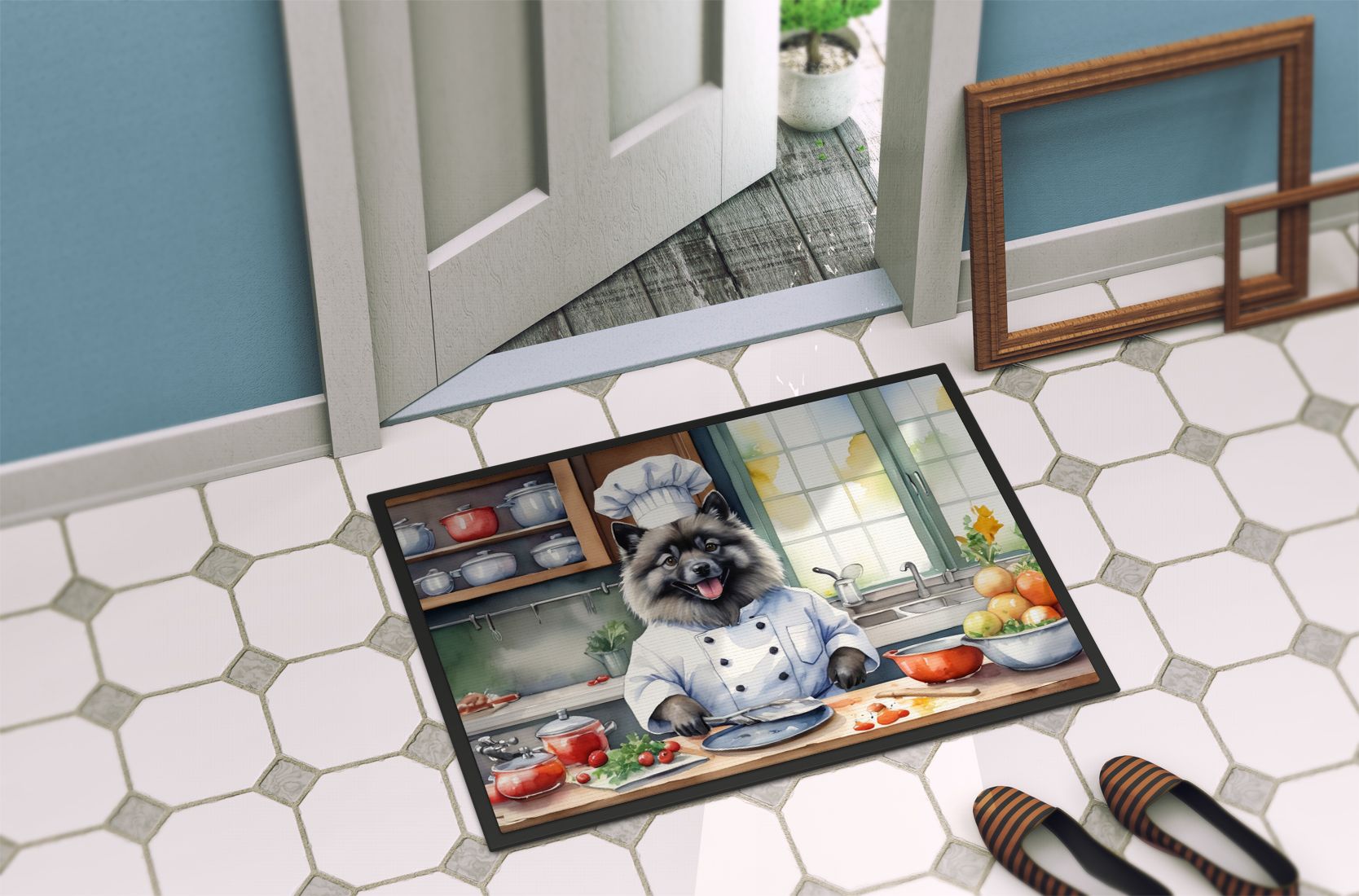 Keeshond The Chef Doormat Front Door Mat Indoor Outdoor Rugs for Entryway, Non Slip Washable Low Pile, 24H X 36W