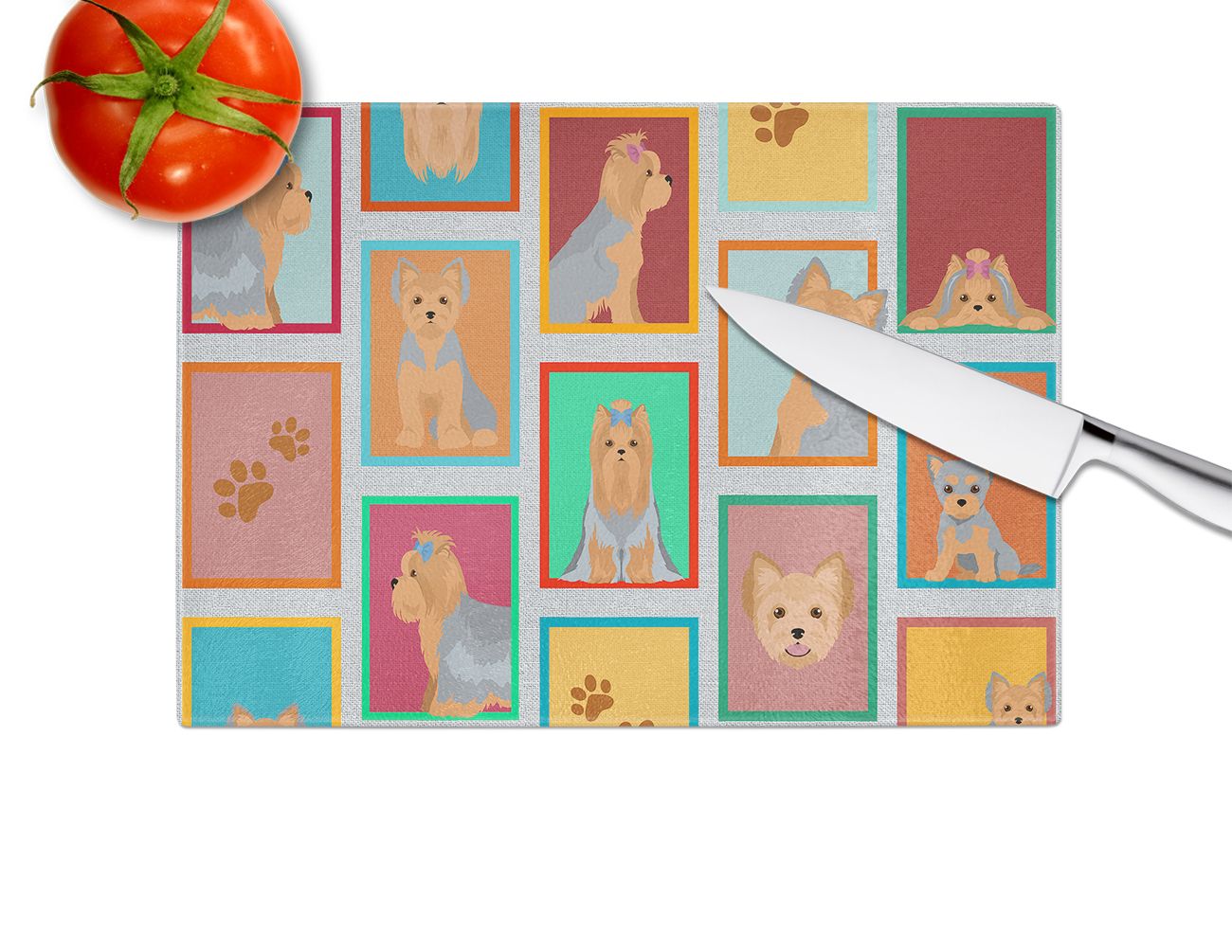 NEW Lots of Blue and Tan Yorkie Glass Cutting Board Decorative Tempered Glass Kitchen Cutting and Serving Board Large Size Chopping Board
