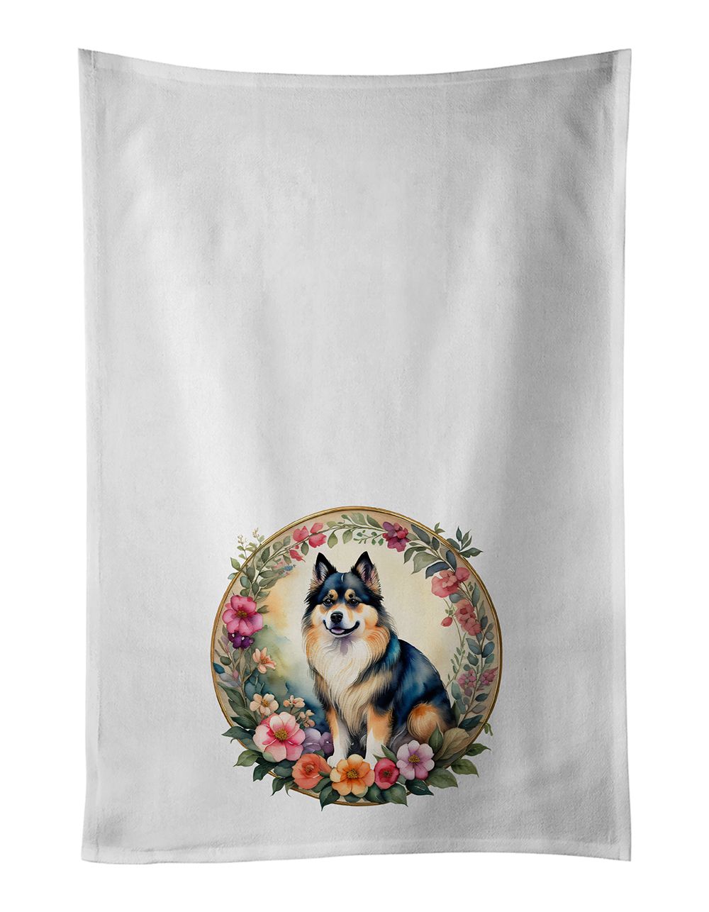 Finnish Lapphund and Flowers Kitchen Towel Set of 2 White Dish Towels Decorative Bathroom Hand towel for Hand, Face, Hair, Yoga, Tea, Dishcloth, 19 X 28", White