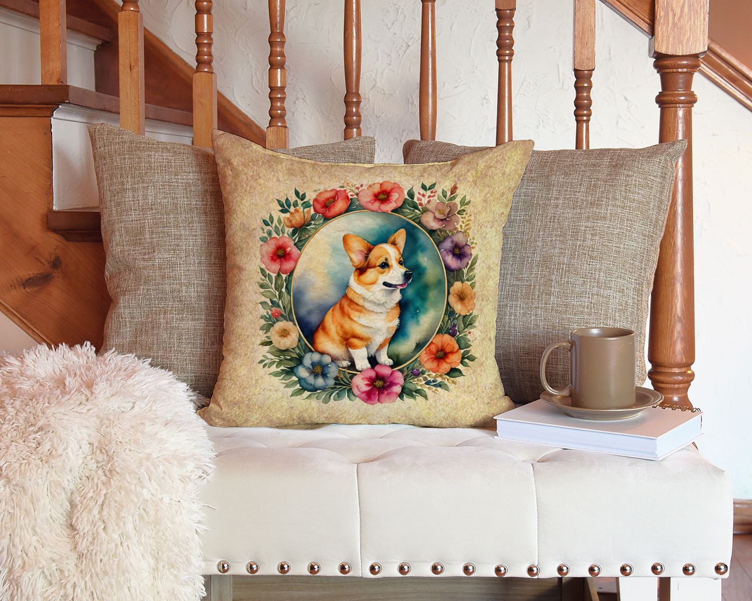 Corgi and Flowers Throw Pillow Machine Washable, Indoor Outdoor Decorative Pillow for Couch, Bed or Patio, 14Hx14W