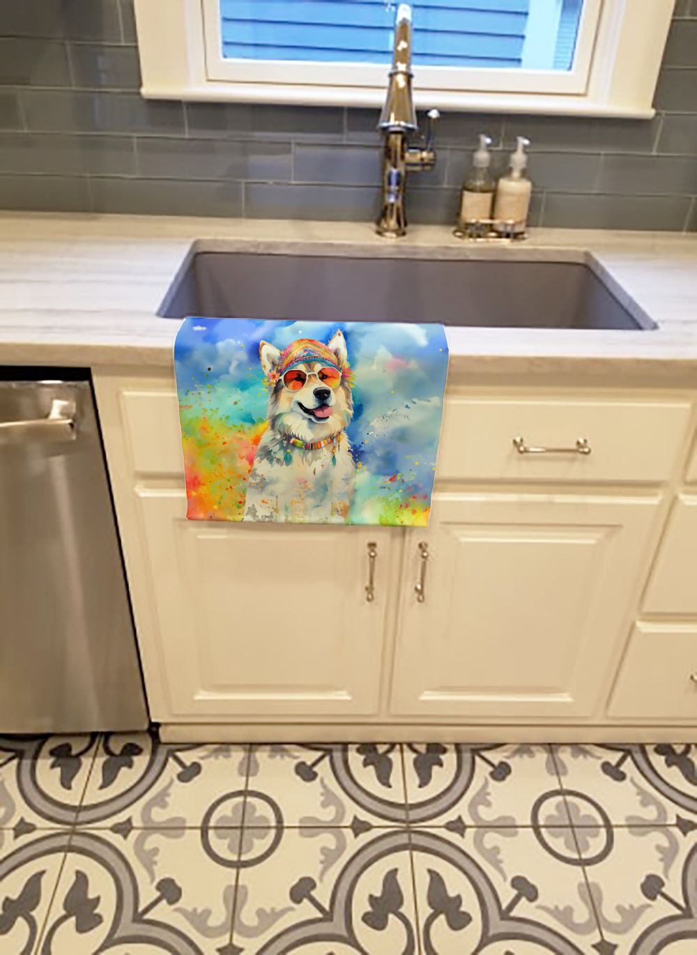 Alaskan Malamute Hippie Dawg Kitchen Towel Dish Cloths Guest Hand Towel Decorative Bathroom Towel for Face,Tea, Dishcloth, Kitchen and Bath