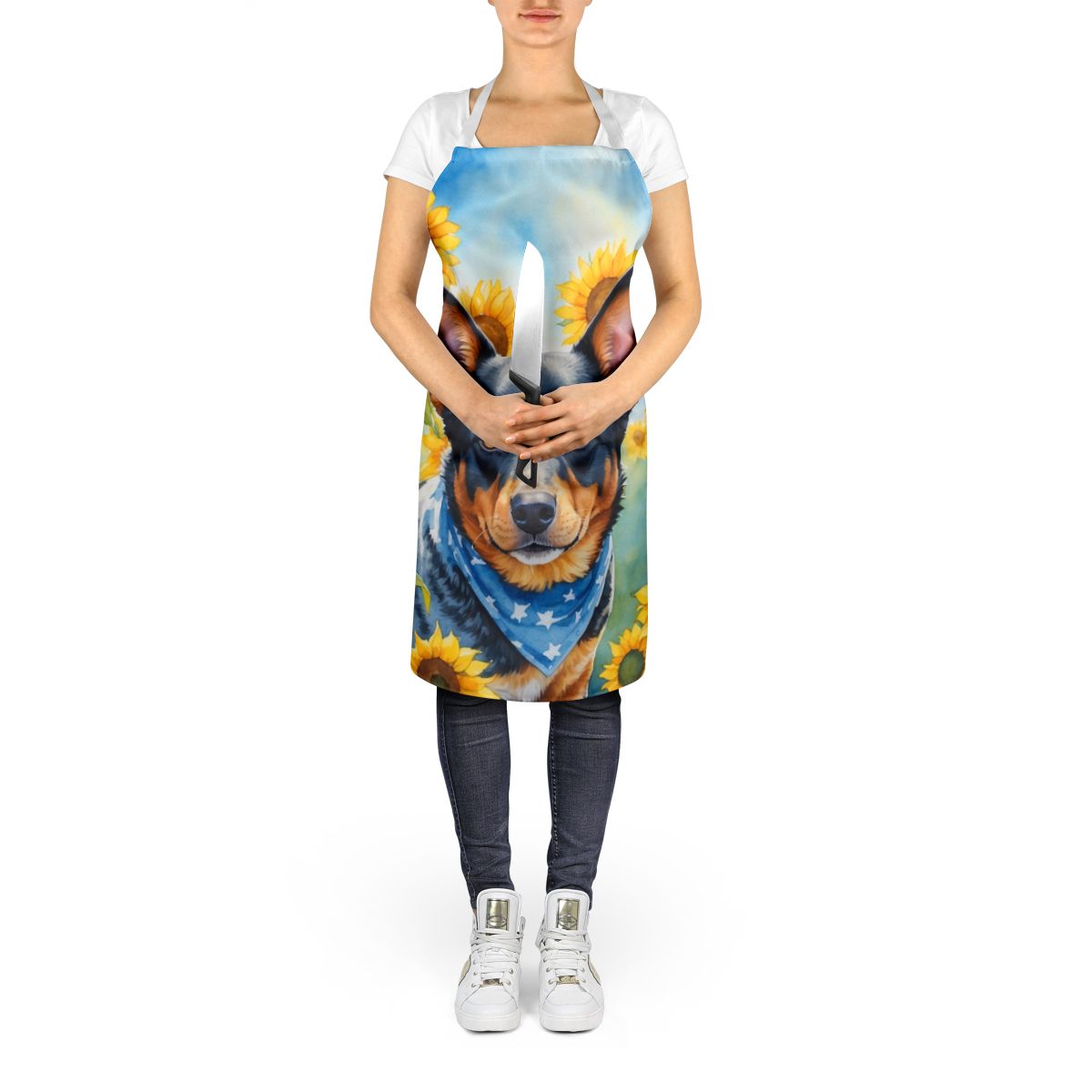 Australian Cattle Dog in Sunflowers Apron Cooking Kitchen Server Baking Crafts Gardening for Adult Women Men, Unisex, Large, Multicolor