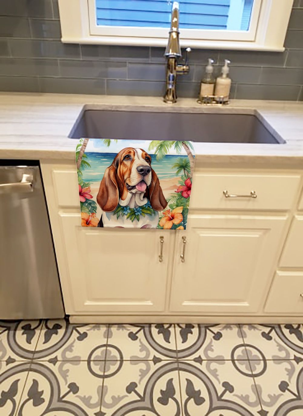 Basset Hound Luau Kitchen Towel Dish Cloths Guest Hand Towel Decorative Bathroom Towel for Face,Tea, Dishcloth, Kitchen and Bath