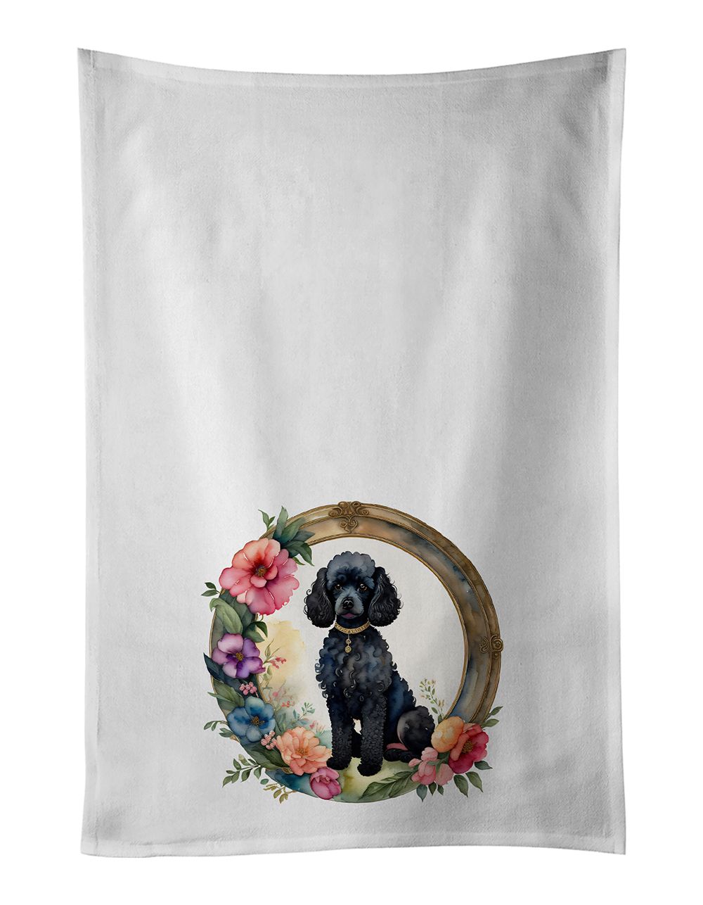 Black Poodle and Flowers Kitchen Towel Set of 2 White Dish Towels Decorative Bathroom Hand towel for Hand, Face, Hair, Yoga, Tea, Dishcloth, 19 X 28", White