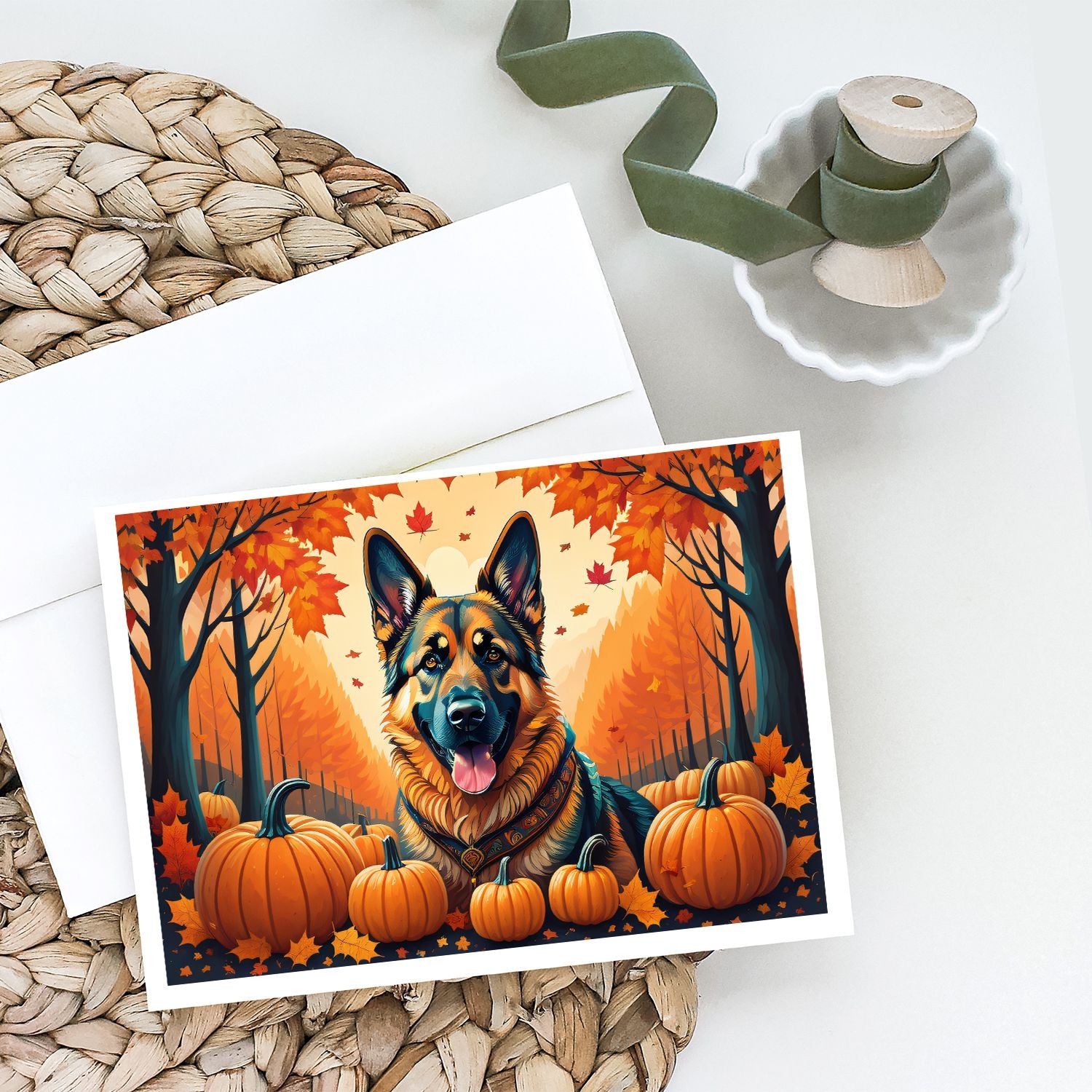 German Shepherd Fall Greeting Cards Pack of 8 Blank Cards with Envelopes Whimsical A7 Size 5x7 Blank Note Cards