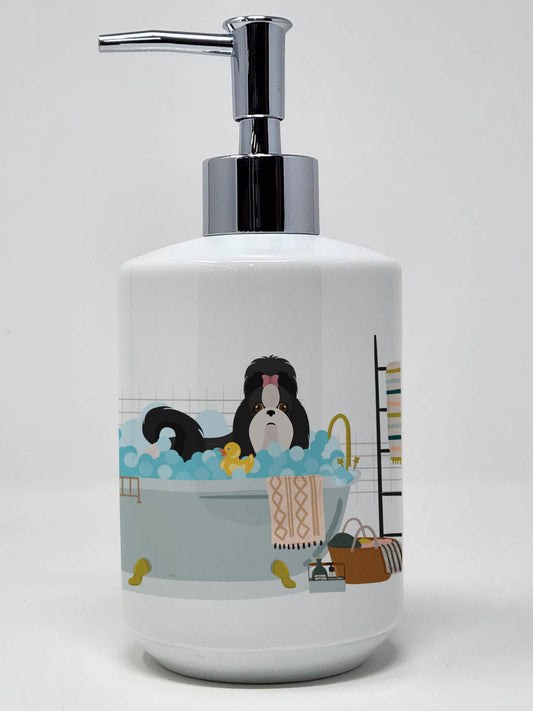 Black and White Shih Tzu Ceramic Soap Dispenser Hand Soap Dispenser Pump Bottles for Bathroom Kitchen, Empty Refillable Liquid Soap Container