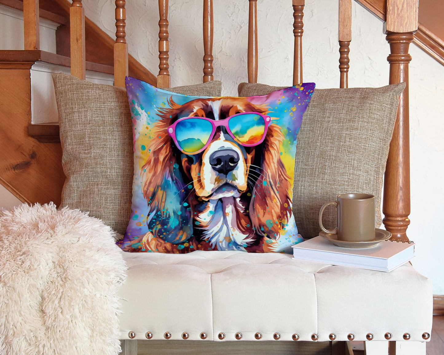 Cavalier Spaniel Hippie Dawg Throw Pillow Machine Washable, Indoor Outdoor Decorative Pillow for Couch, Bed or Patio, 14Hx14W