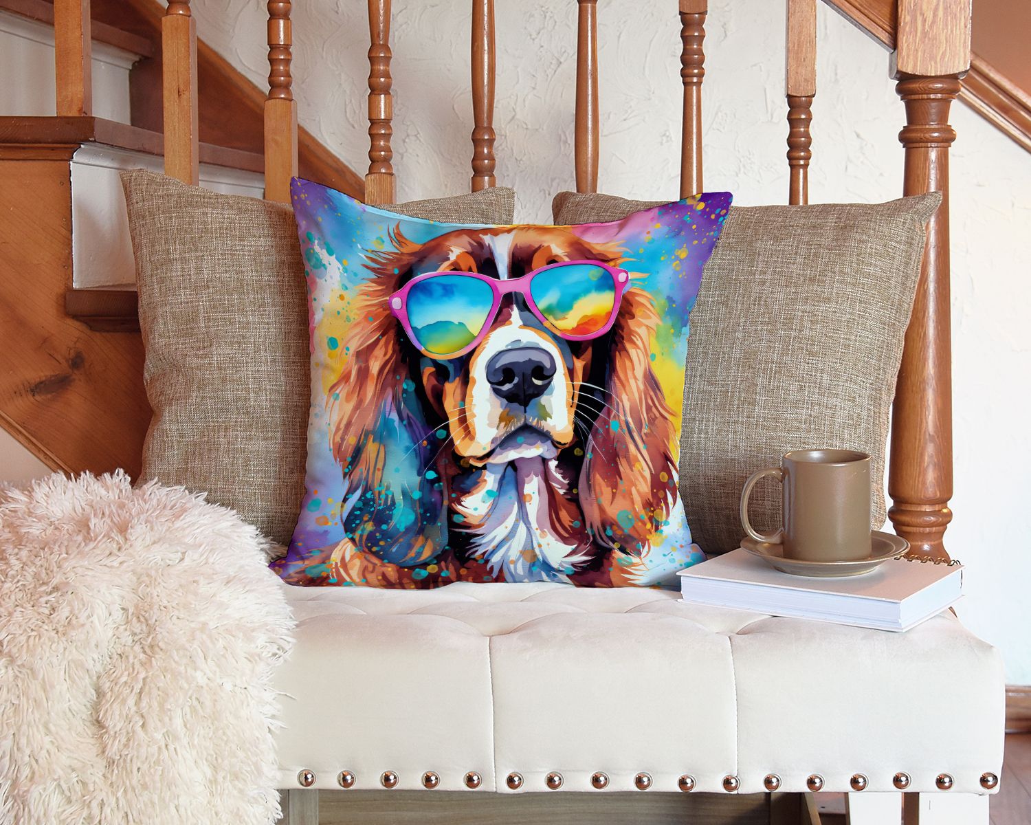 Cavalier Spaniel Hippie Dawg Throw Pillow Machine Washable, Indoor Outdoor Decorative Pillow for Couch, Bed or Patio, 14Hx14W