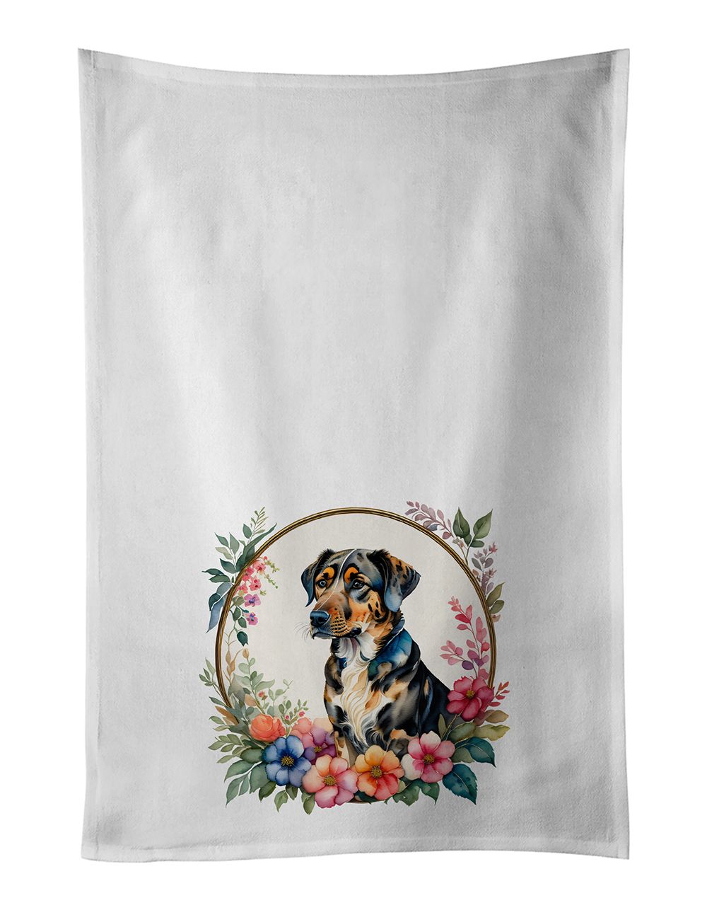Catahoula Leopard Dog and Flowers Kitchen Towel Set of 2 White Dish Towels Decorative Bathroom Hand towel for Hand, Face, Hair, Yoga, Tea, Dishcloth, 19 X 28", White