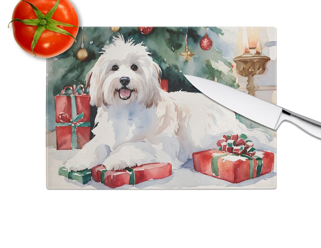 NEW Coton De Tulear Cozy Christmas Glass Cutting Board Decorative Tempered Glass Kitchen Cutting and Serving Board Large Size Chopping Board