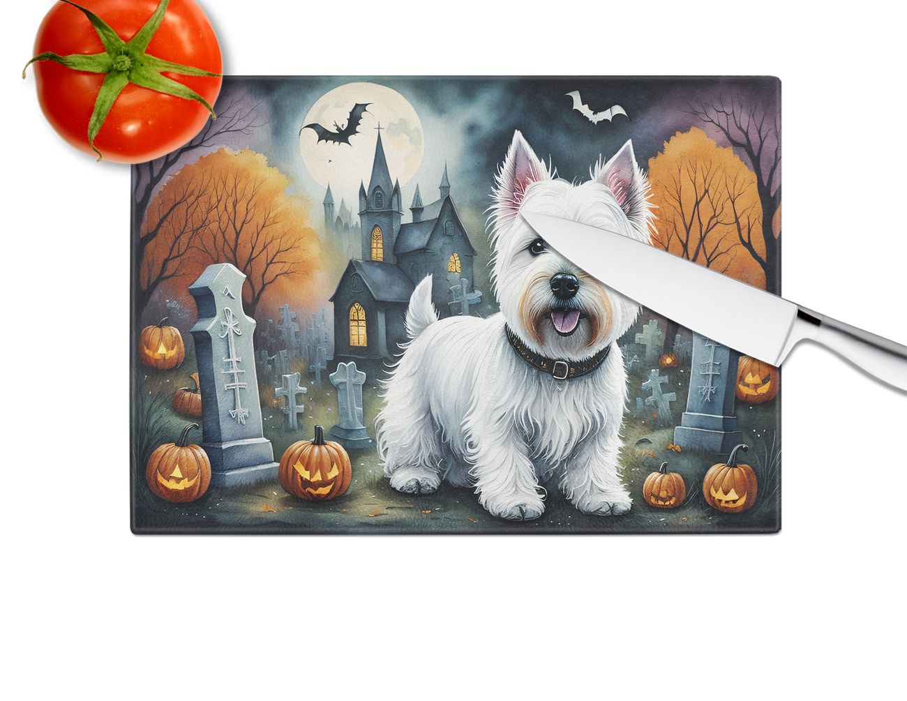 NEW Westie Spooky Halloween Glass Cutting Board Decorative Tempered Glass Kitchen Cutting and Serving Board Large Size Chopping Board