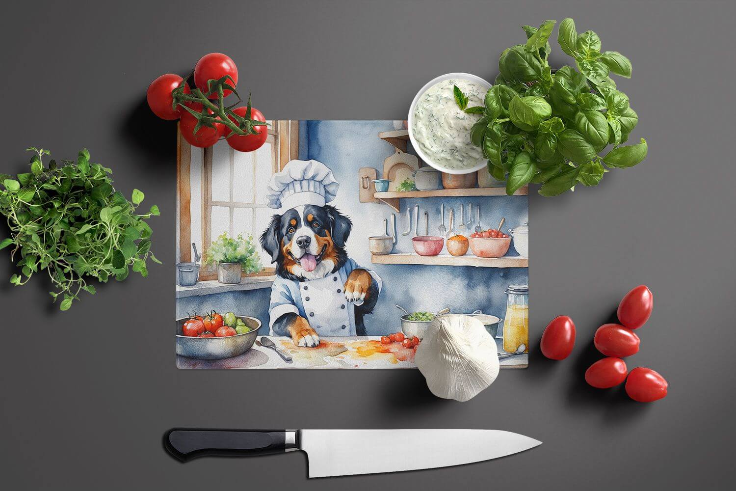 NEW Bernese Mountain Dog The Chef Glass Cutting Board Decorative Tempered Glass Kitchen Cutting and Serving Board Large Size Chopping Board