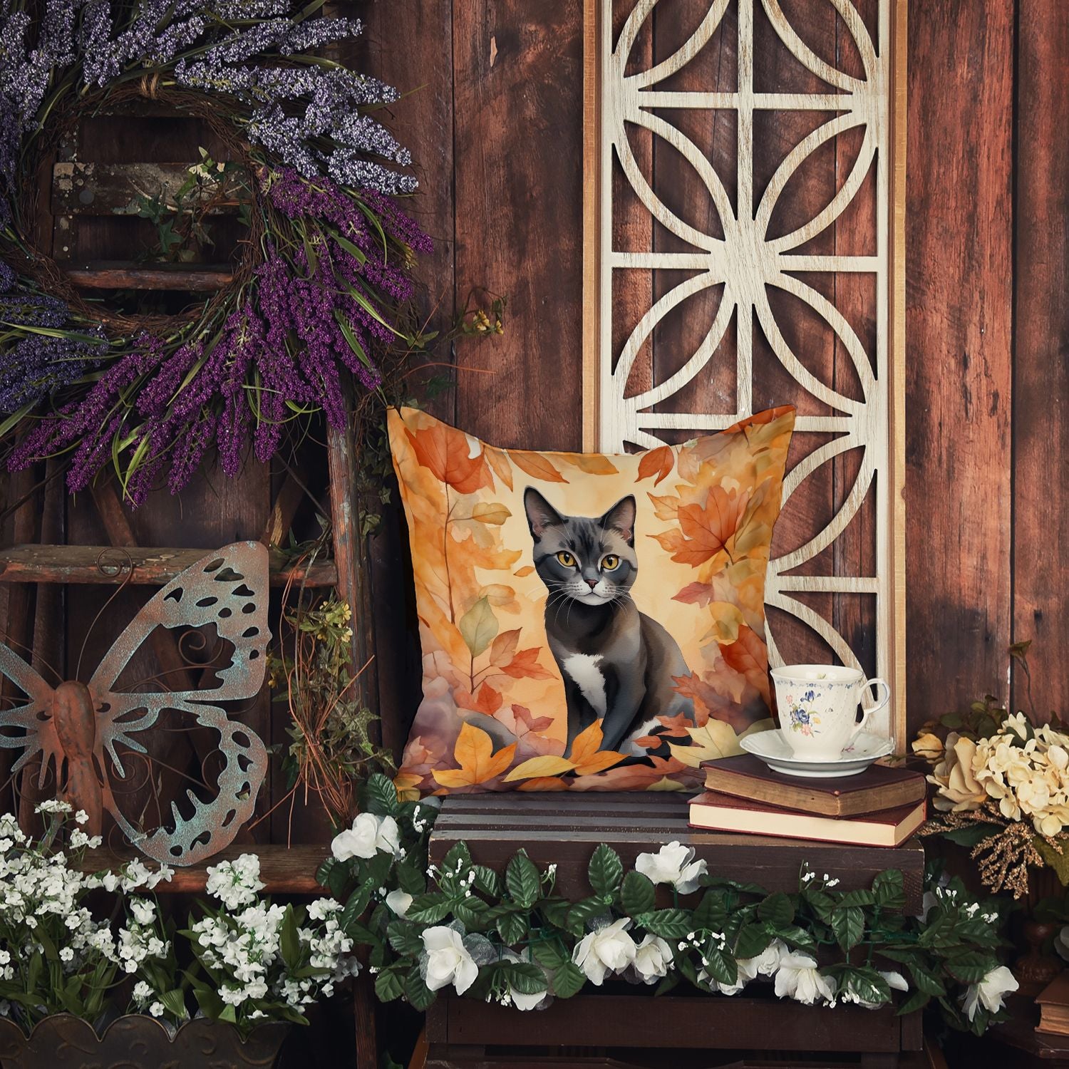 Asian Cat in Fall Leaves Throw Pillow Machine Washable, Indoor Outdoor Decorative Pillow for Couch, Bed or Patio, 18Hx18W