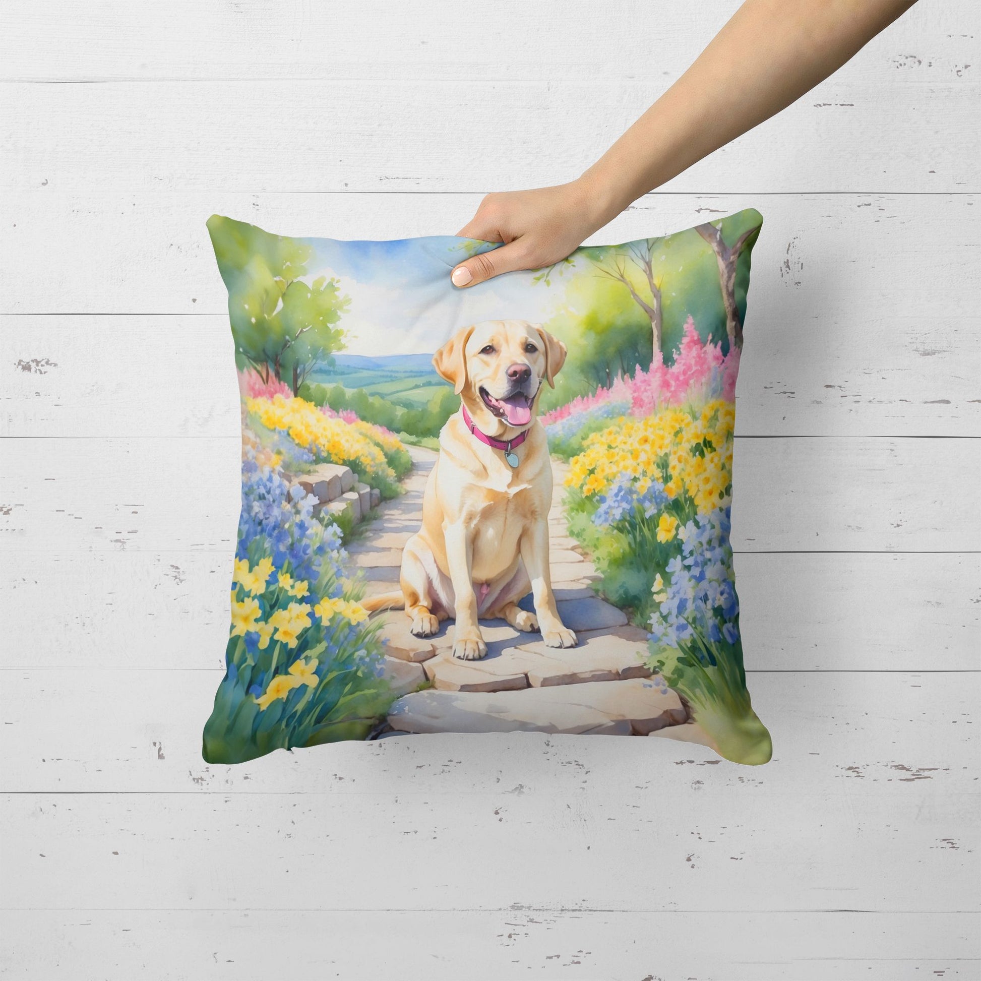 Labrador Retriever Spring Path Throw Pillow Machine Washable, Indoor Outdoor Decorative Pillow for Couch, Bed or Patio, 18Hx18W