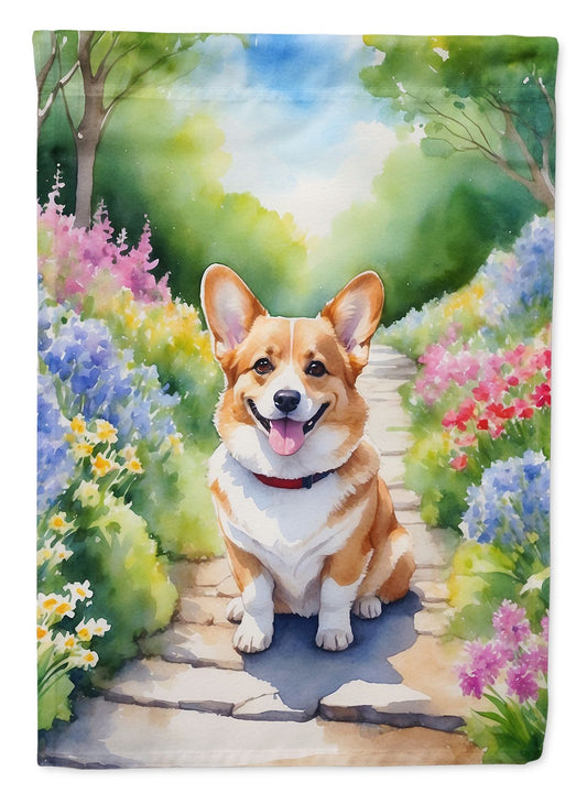 Corgi Spring Path House Flag Large Porch Sleeve Pole Decorative Outside Yard Banner Artwork Wall Hanging, Polyester, House Size, Multicolor
