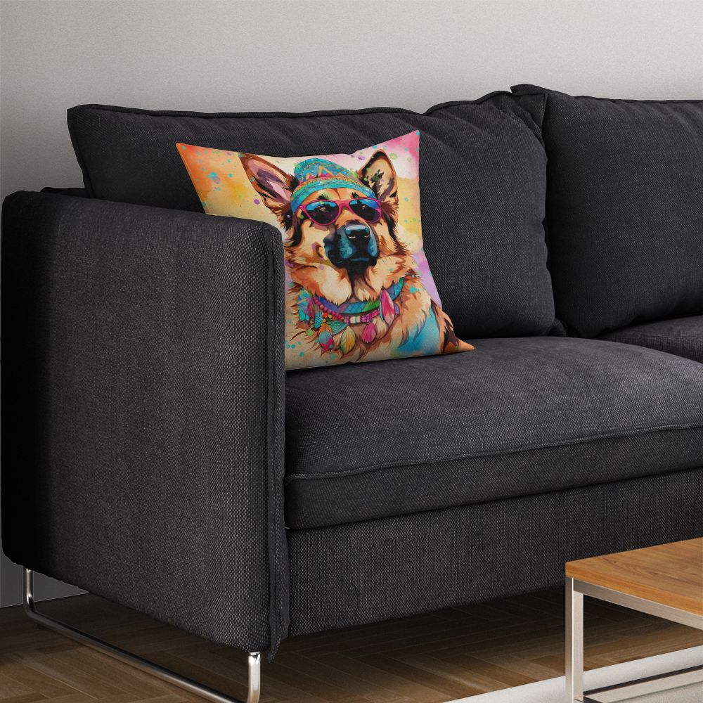 German Shepherd Hippie Dawg Throw Pillow Machine Washable, Indoor Outdoor Decorative Pillow for Couch, Bed or Patio, 14Hx14W