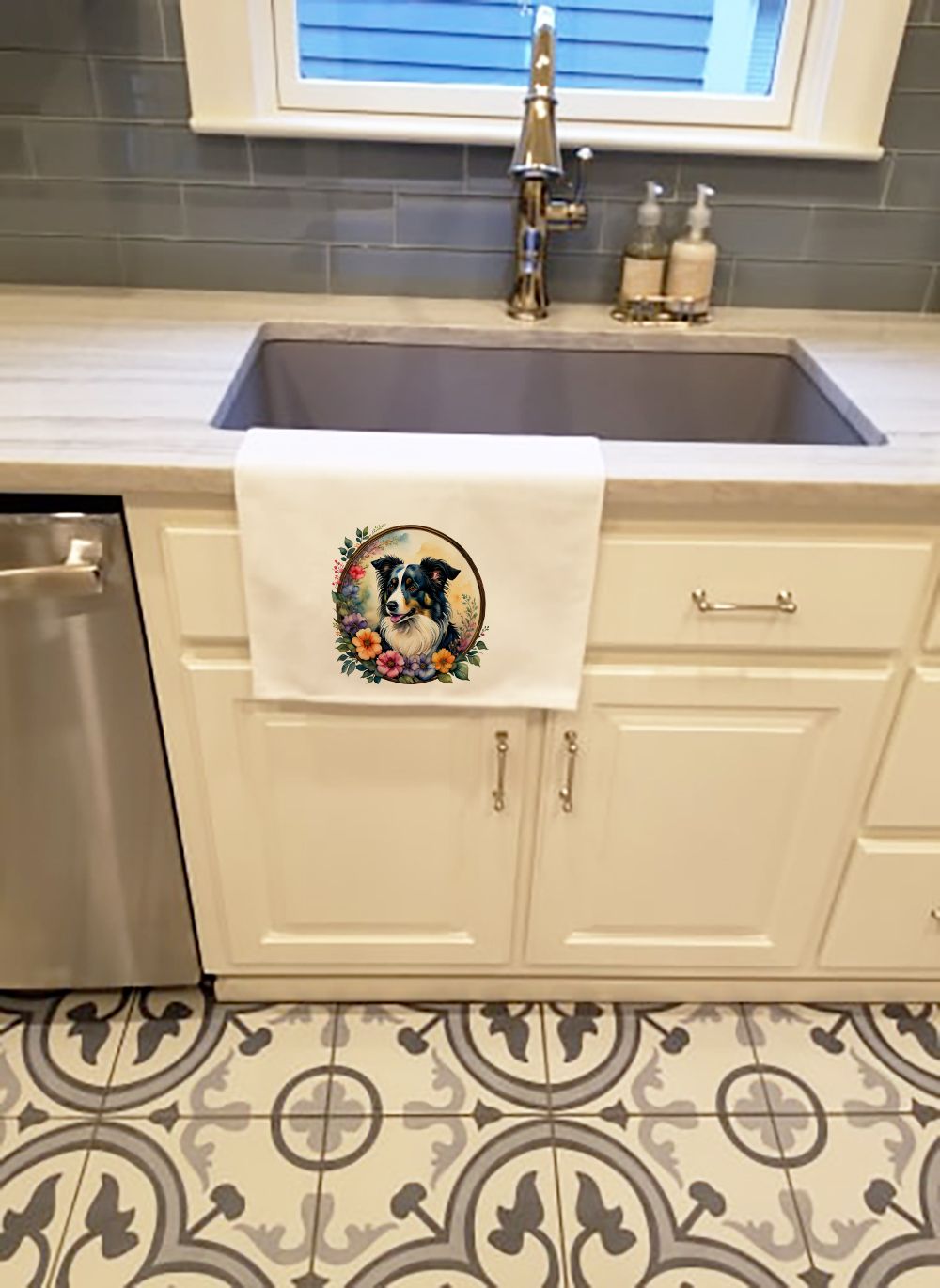 Border Collie and Flowers Kitchen Towel Set of 2 White Dish Towels Decorative Bathroom Hand towel for Hand, Face, Hair, Yoga, Tea, Dishcloth, 19 X 28", White