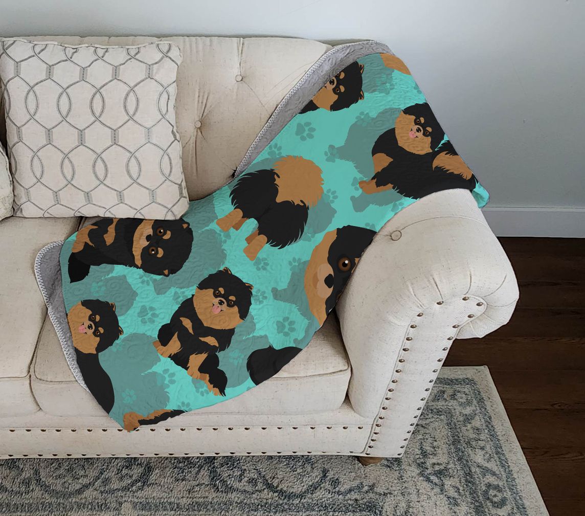 Black and Tan Pomeranian Quilted Blanket 50x60 Artwork Pattern Quilted Throw Blanket for Bed, Couch, Sofa, Soft and Lightweight