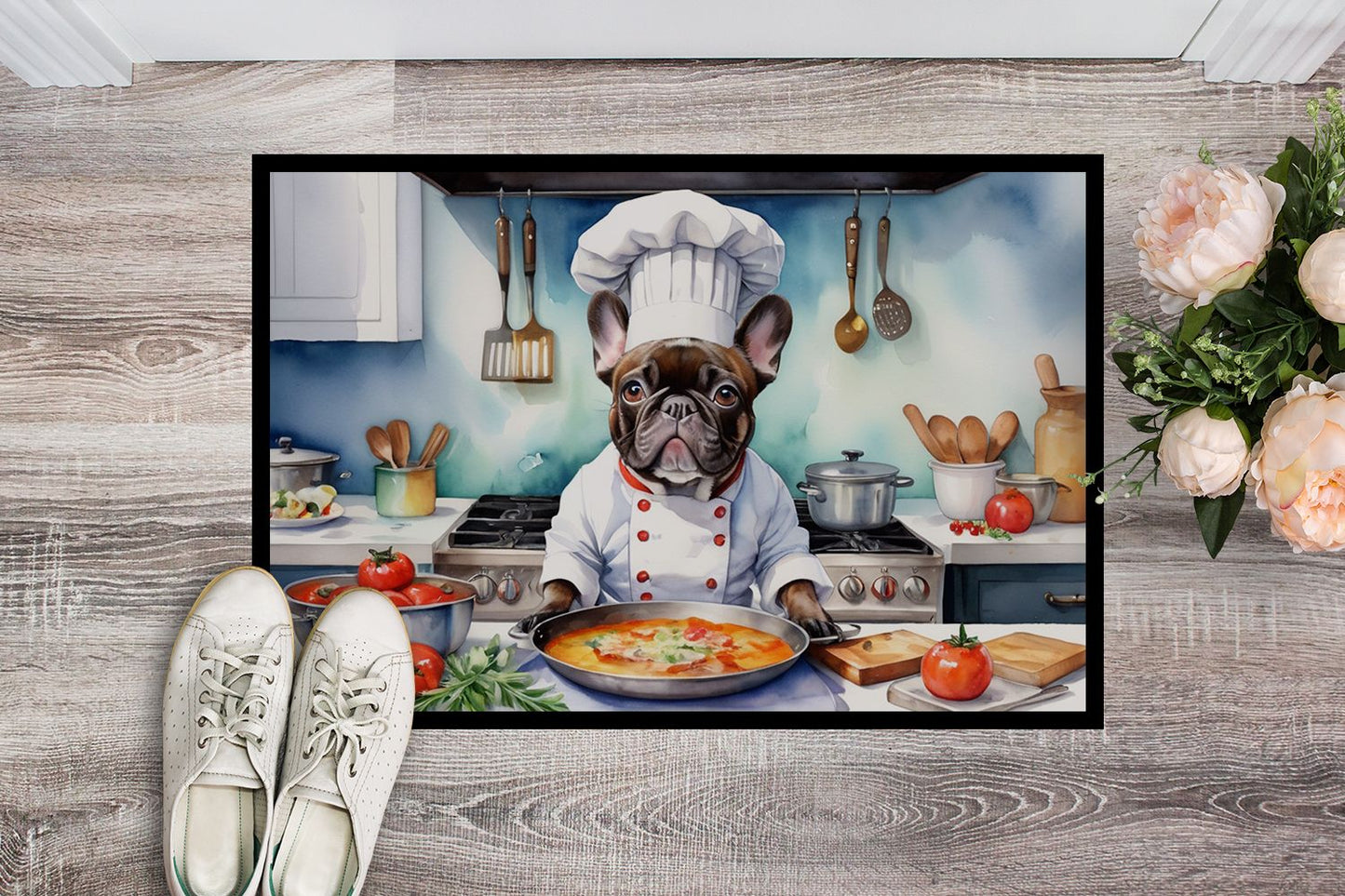French Bulldog The Chef Doormat Front Door Mat Indoor Outdoor Rugs for Entryway, Non Slip Washable Low Pile, 24H X 36W