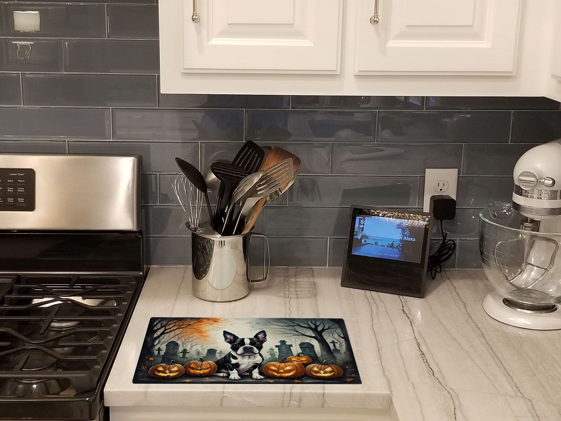 NEW Boston Terrier Spooky Halloween Glass Cutting Board Decorative Tempered Glass Kitchen Cutting and Serving Board Large Size Chopping Board