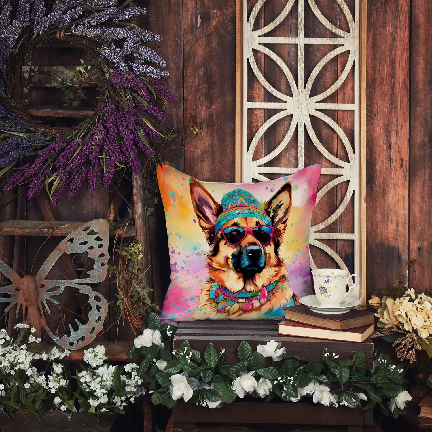 German Shepherd Hippie Dawg Throw Pillow Machine Washable, Indoor Outdoor Decorative Pillow for Couch, Bed or Patio, 14Hx14W