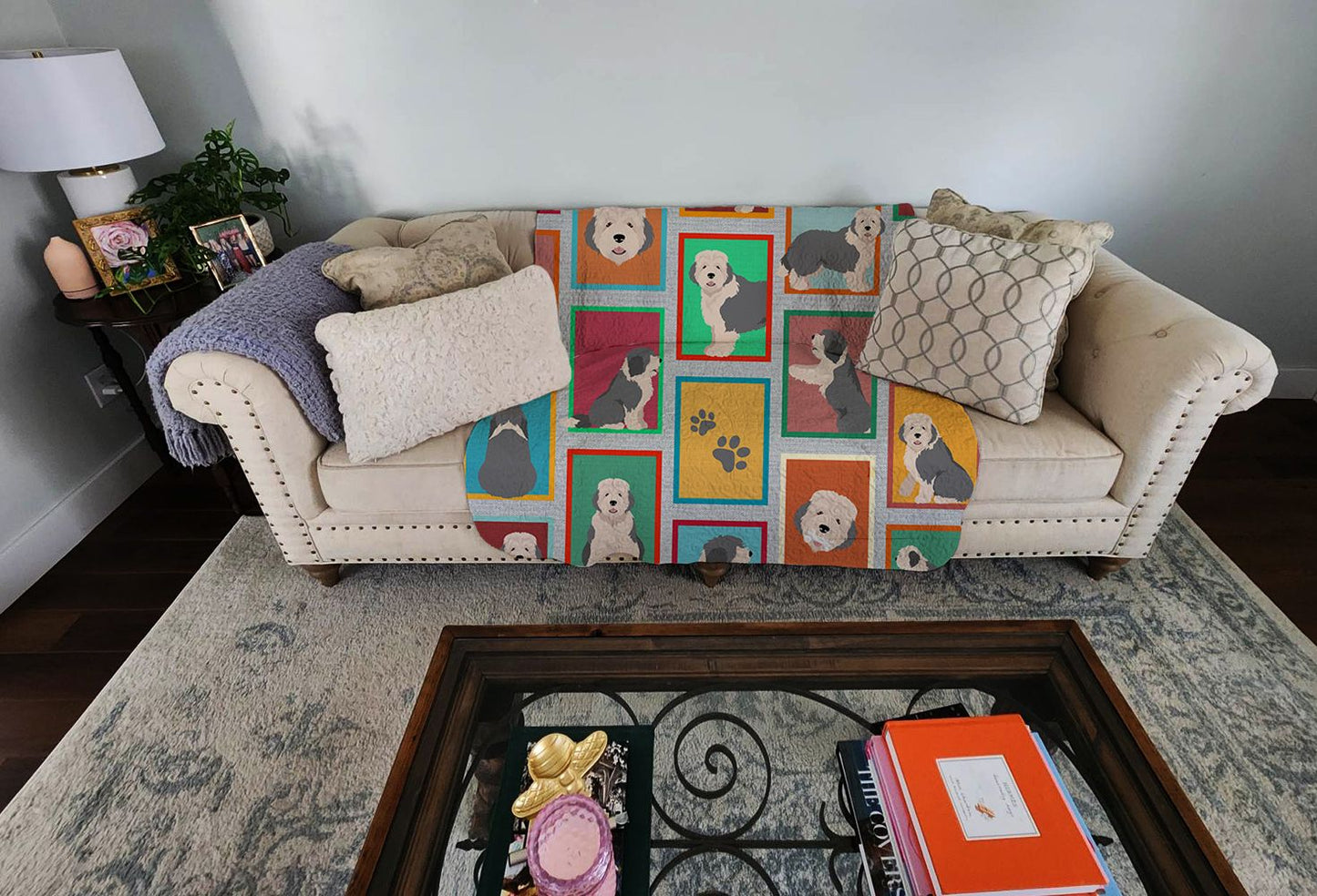 Lots of Old English Sheepdog Quilted Blanket 50x60 Artwork Pattern Quilted Throw Blanket for Bed, Couch, Sofa, Soft and Lightweight