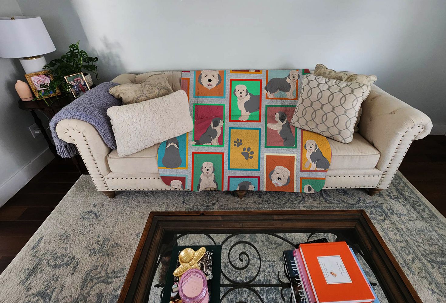 Lots of Old English Sheepdog Quilted Blanket 50x60 Artwork Pattern Quilted Throw Blanket for Bed, Couch, Sofa, Soft and Lightweight
