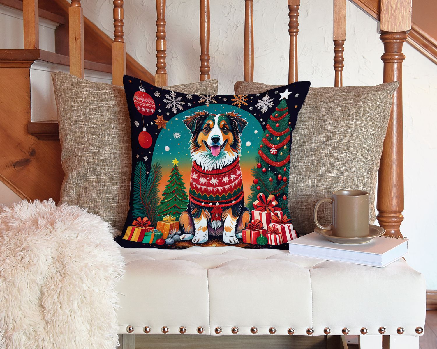 Australian Shepherd Christmas Throw Pillow Machine Washable, Indoor Outdoor Decorative Pillow for Couch, Bed or Patio, 14Hx14W