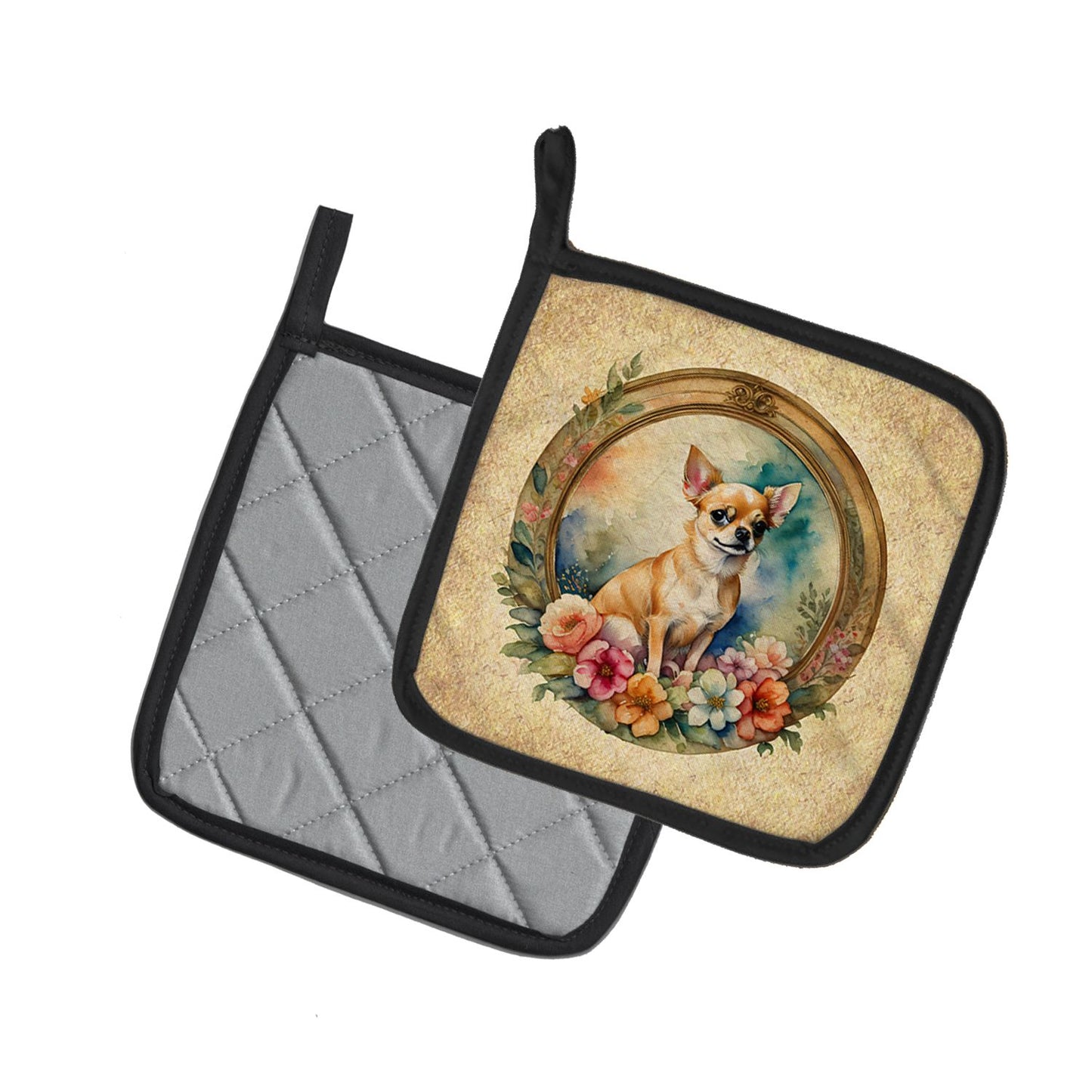 Chihuahua and Flowers Pair of Pot Holders Kitchen Heat Resistant Pot Holders Sets Oven Hot Pads for Cooking Baking BBQ, 7 1/2 x 7 1/2