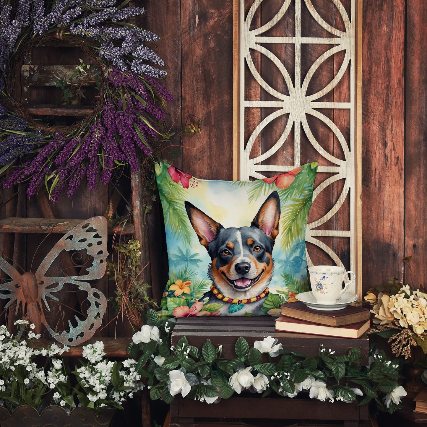 Australian Cattle Dog Luau Throw Pillow Machine Washable, Indoor Outdoor Decorative Pillow for Couch, Bed or Patio, 14Hx14W