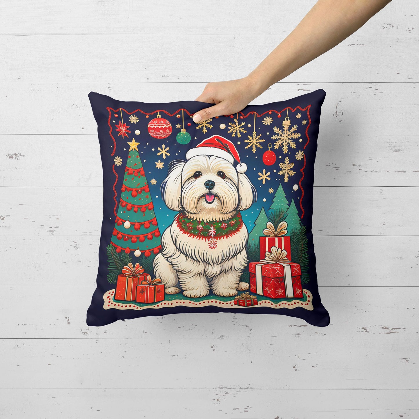 Coton De Tulear Christmas Throw Pillow Machine Washable, Indoor Outdoor Decorative Pillow for Couch, Bed or Patio, 18Hx18W