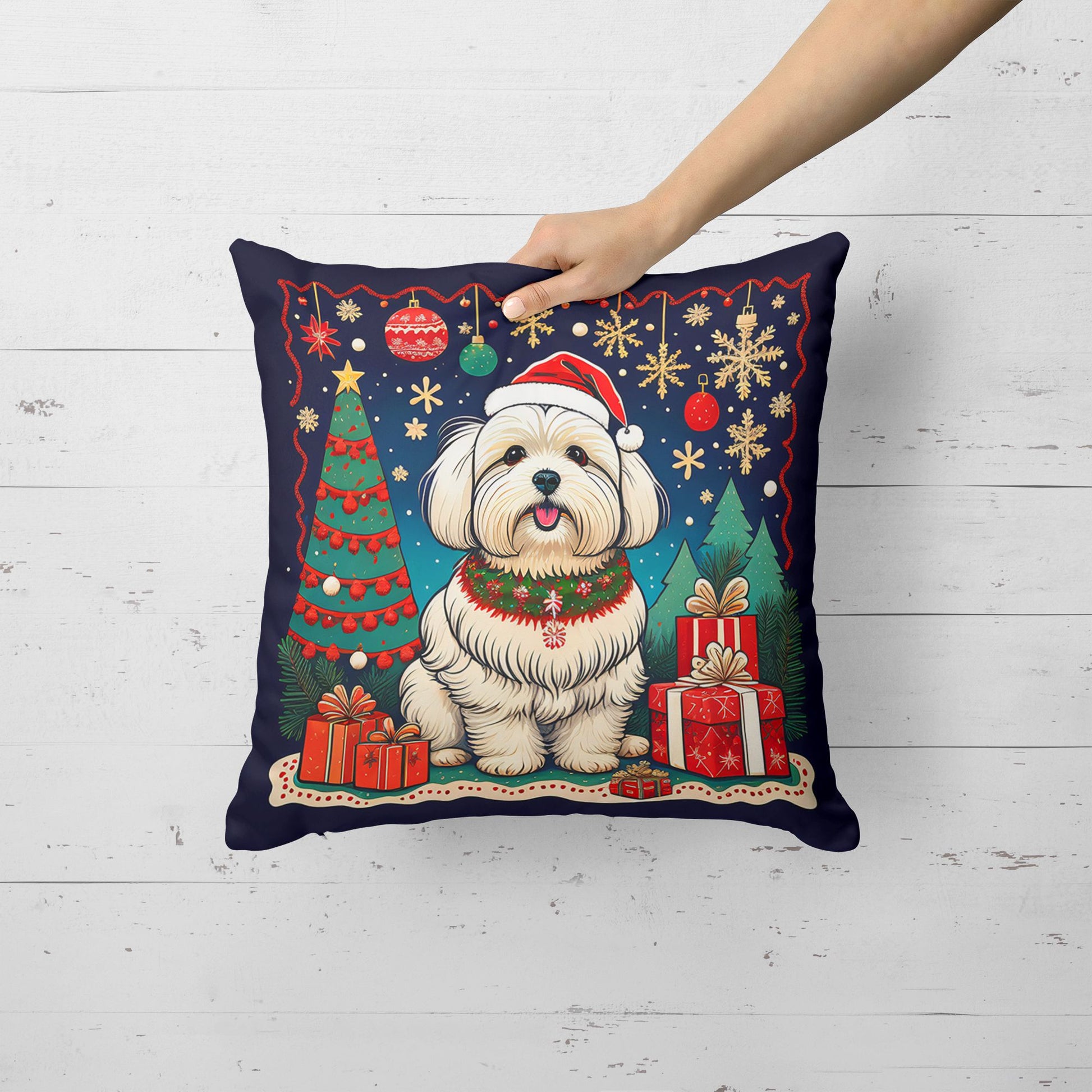 Coton De Tulear Christmas Throw Pillow Machine Washable, Indoor Outdoor Decorative Pillow for Couch, Bed or Patio, 18Hx18W