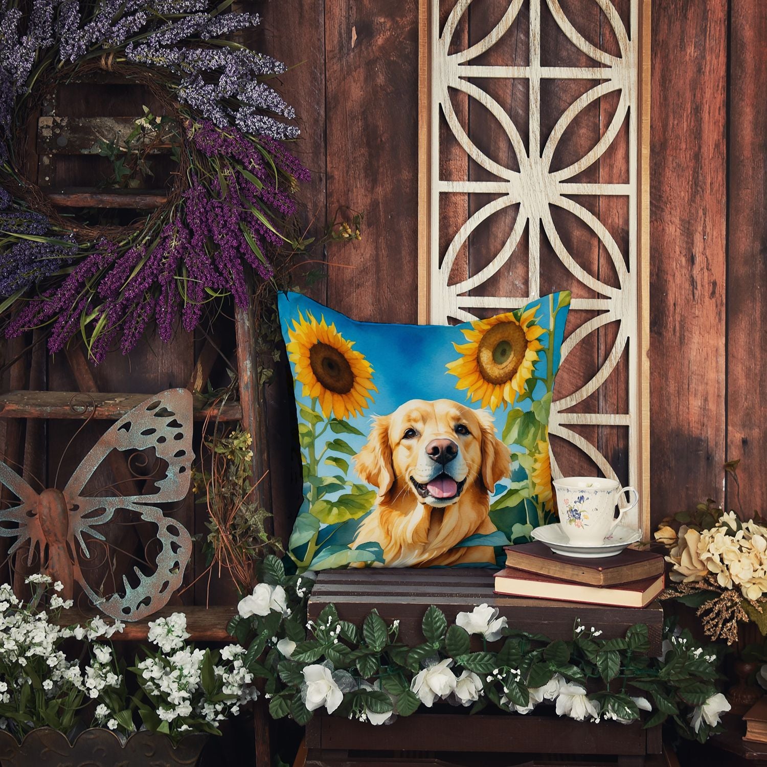 Golden Retriever in Sunflowers Throw Pillow Machine Washable, Indoor Outdoor Decorative Pillow for Couch, Bed or Patio, 14Hx14W