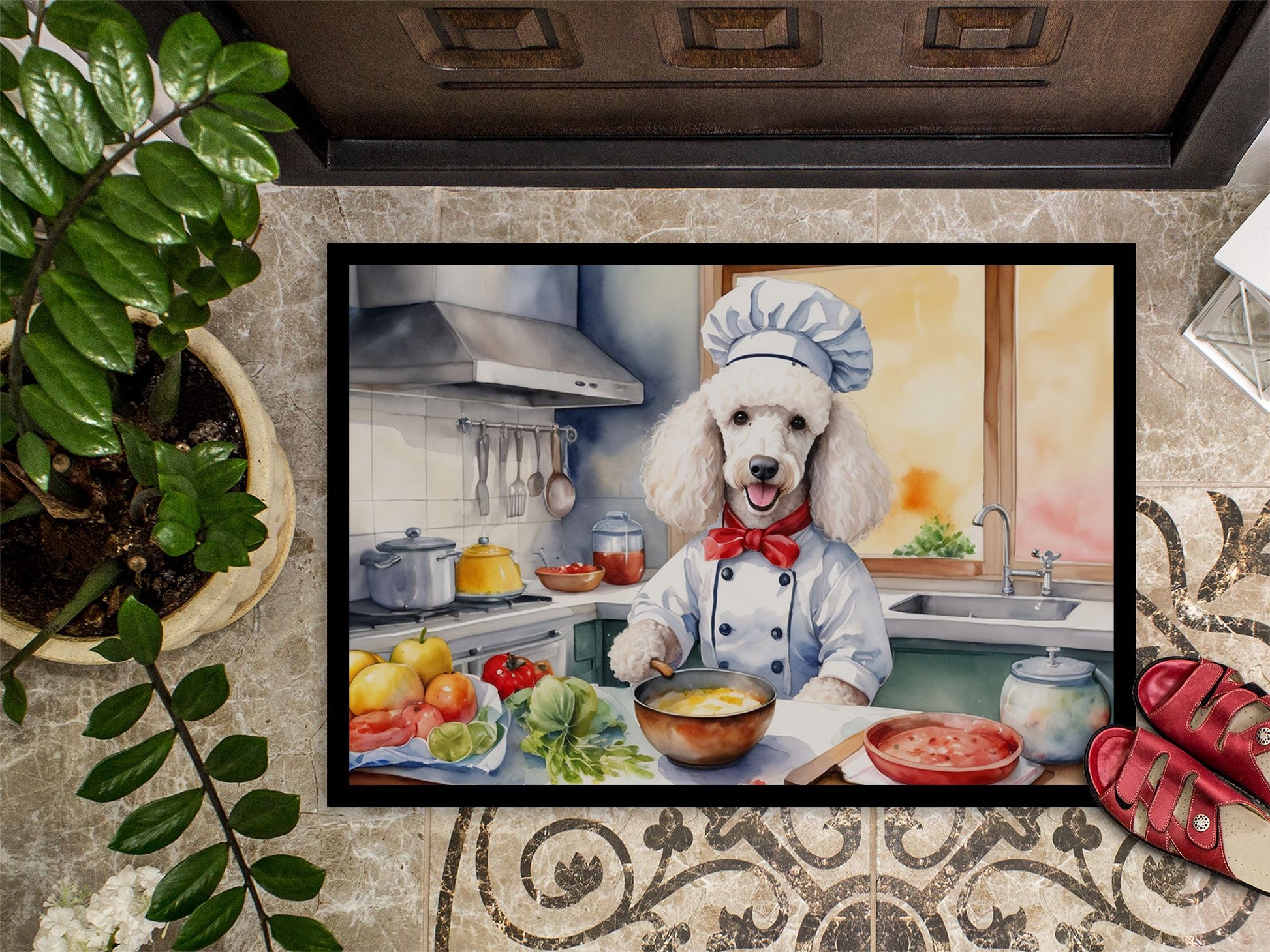 NEW White Poodle The Chef Doormat Front Door Mat Indoor Outdoor Rugs for Entryway, Non Slip Washable Low Pile, 18H X 27W
